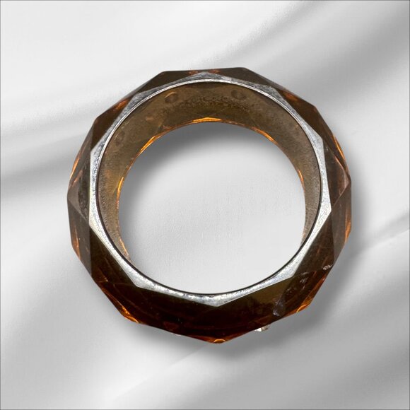 Vintage Lucite Bangle Bracelet Translucent Brown with Clear Round Stones Bling - Picture 6 of 8